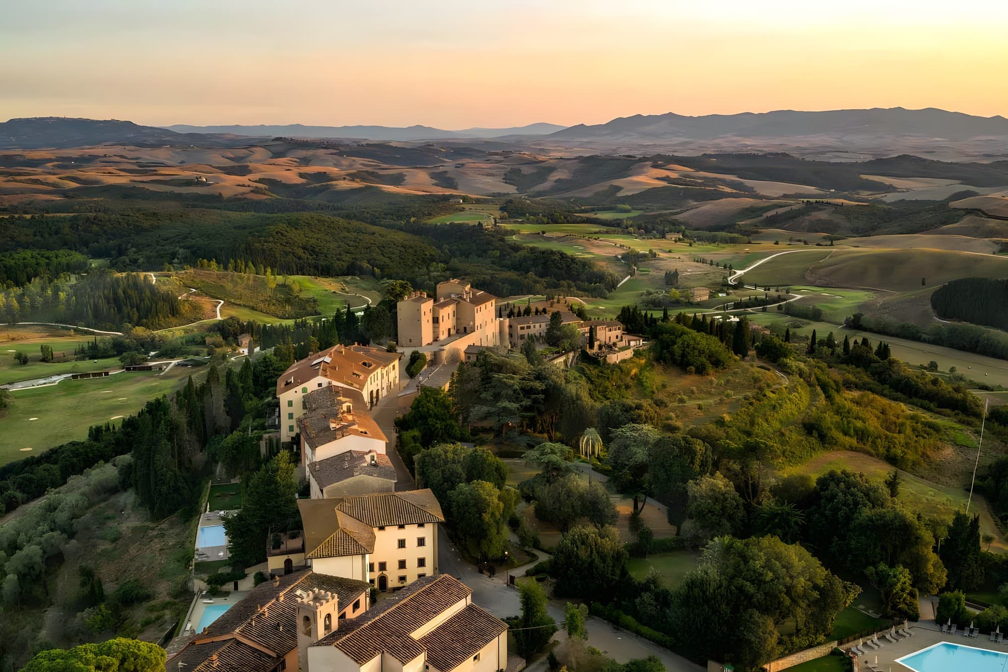 Sunset over the Tuscan hills around Castelfalfi